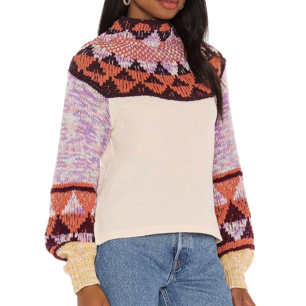 Free People NEW Swit the Small Stuff Cream Multi Mock Neck Knit Pullover Sweater